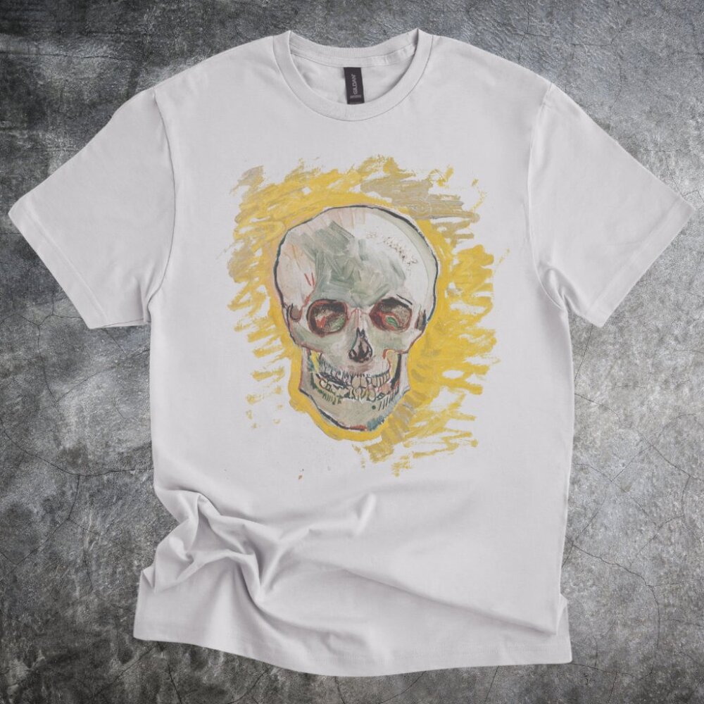 Skull Shirt Hand Painted Illustration Tshirt Cotton Crewneck Gray